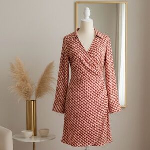 H&M| Retro 70s Red & Coral Geometric Patterned Faux Wrap Collared Dress Sz XS